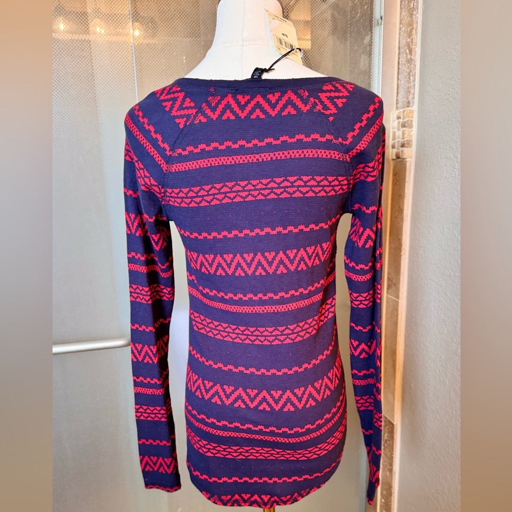 LUCKY BRAND Woven Navy & Red Fair Isle Knit Top Lightweight Thermal Tee - Picture 14 of 15